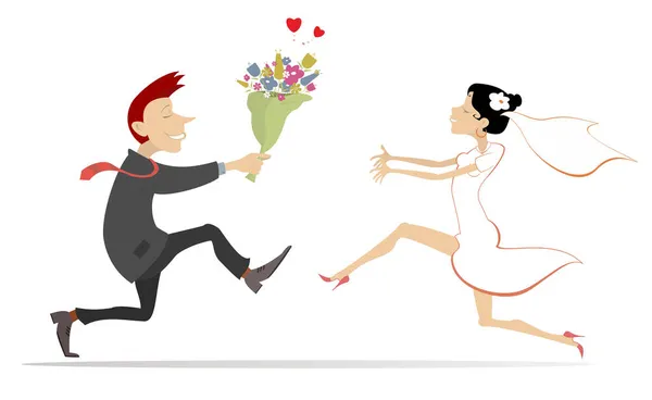Cartoon Hochzeitspaar Illustration Herzsymbol Glücklicher Mann Mit Blumenstrauß Und Frau — Stockvektor