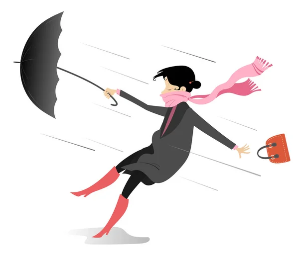 Ветреный День Молодая Женщина Зонтичной Иллюстрацией Молодая Женщина Зонтиком Сумкой — стоковый вектор