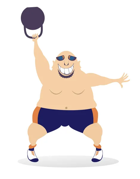 Cartoon Sterke Man Doet Oefeningen Met Gewicht Illustratie Glimlachende Kale — Stockvector