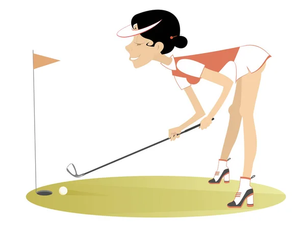 Young Golfer Woman Golf Course Illustration Cartoon Golfer Woman Aiming — Stock Vector