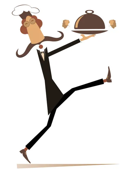 Comic Cook Carries Tray Tasty Dish Illustration Long Mustache Comic — Stock Vector