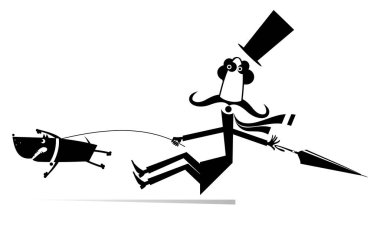 Komik uzun bıyık ve itaatsiz köpek çizimi. Çizgi filmdeki uzun bıyıklı şemsiyeli adam kızgın bir köpeği beyazın üstünde durdurmaya çalışıyor.