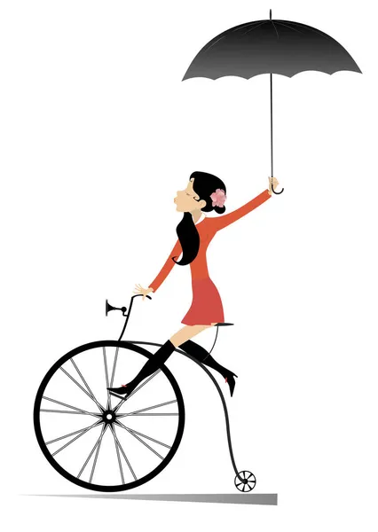 Çekici Genç Bir Kadın Klasik Bir Bisiklet Illüstrasyonuna Biniyor Beyaz — Stok Vektör