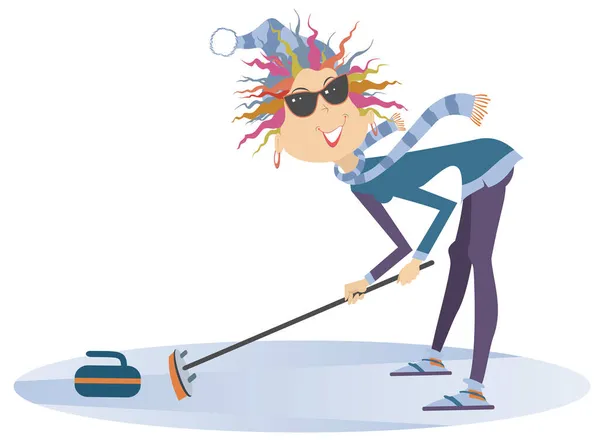 Une Jeune Femme Souriante Joue Curling Illustration Isolée Jeune Femme — Image vectorielle