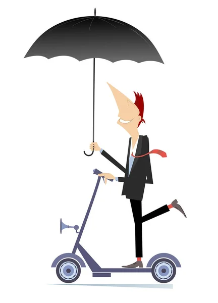 Веселый Человек Зонтиками Скутере Иллюстрации Мультфильм Жизнерадостный Человек Зонтиком Едет — стоковый вектор