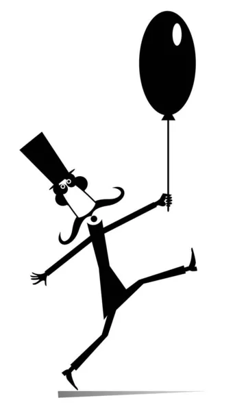 上の帽子の漫画家は気球のイラストを保持しています 面白い長い口ひげ男上の帽子とともに風船黒上の白い背景 — ストックベクタ