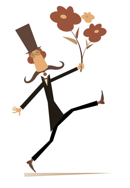 Cartoon Walking Man Bunch Flowers Illustration Dlouhý Knírek Muž Horní Stock Vektory