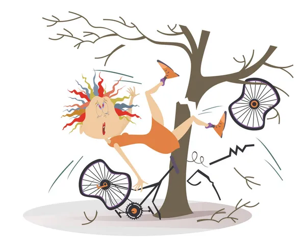 Cyclist woman smashed into a tree isolated illustration.Young woman smashed into a tree and falls down from the broken bicycle isolated on white — Stock Illustration Cyclist Woman Smashed Tree Isolated Illustration Young Woman Smashed Tree Stock Illustration