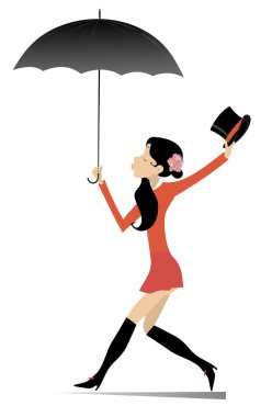 Şemsiye çizimi olan çekici genç bir kadın. Yürüyen genç bir kadın elinde şemsiye ve beyaz bir şapka tutuyor.