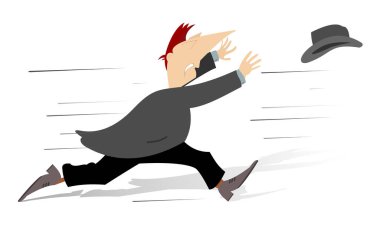 Rüzgârlı bir günde insan şapkasını kaybeder. Rüzgârlı bir şapkayı yakalamaya çalışır.