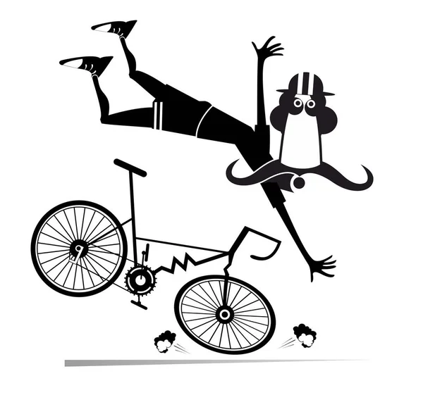 Ciclista Caindo Bicicleta Ilustração Isolada Bigode Longo Engraçado Caindo Bicicleta — Vetor de Stock