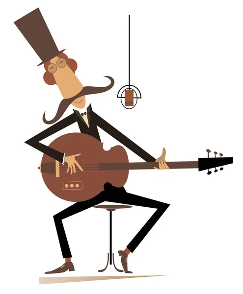 Гитарист Длинными Усами Играет Музыкальную Иллюстрацию Усатый Человек Цилиндре Играет — стоковый вектор