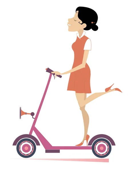 Mujer Alegre Paseos Ilustración Scooter Mujer Joven Sonriente Monta Vehículo — Archivo Imágenes Vectoriales