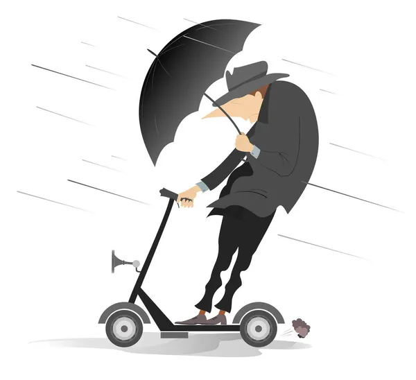 Špatné Počasí Muž Deštníkem Jezdí Skútru Ilustrace Muž Deštníkem Jezdí Stock Ilustrace