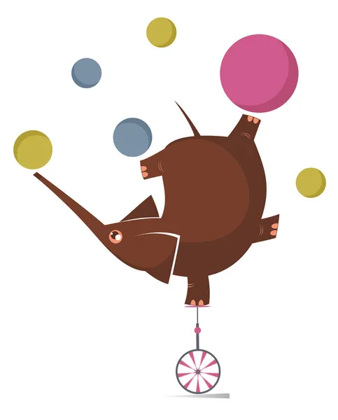 Equilibrist Slon Jezdí Jednokolce Žongluje Míčky Ilustrace Roztomilý Slon Rovnováhu Stock Vektory