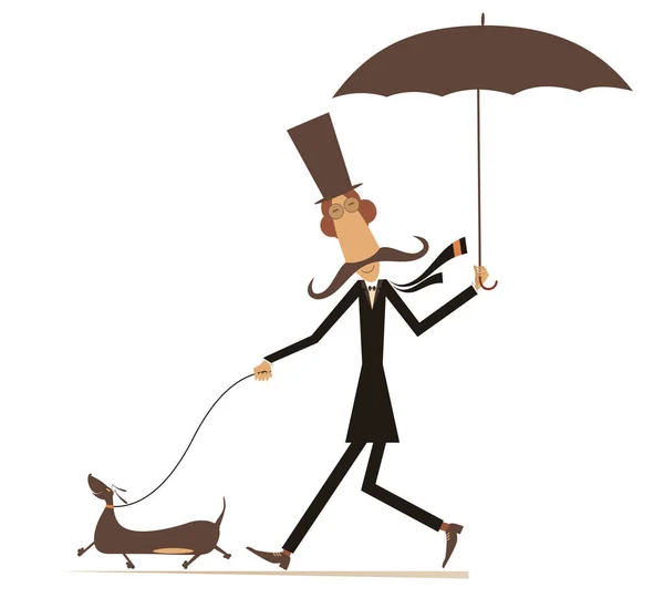 Vtipný Dlouhý Knírek Deštníkem Psí Ilustrací Cartoon Dlouhý Knír Muž Royalty Free Stock Ilustrace