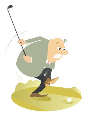 Çizgi filmdeki golfçü adam golf sahasında. Elinde golf sopası olan komik, kızgın bir golfçü beyazların üzerinde iyi bir tekme atmaya çalışıyor.