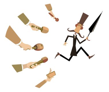 Kitle iletişim araçları ve kaçan adam konsepti çizimleri. Mikrofonlu muhabirlerin elleri. Görüşme yapmak istemeyen, şapkalı, şemsiyeli bir politikacı ya da iş adamı.