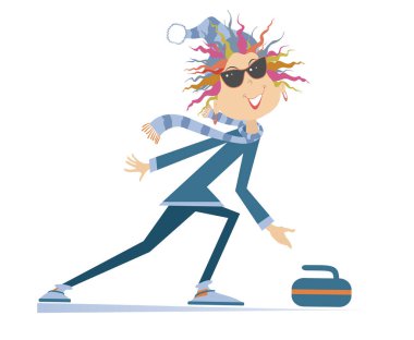 Gülümseyen genç kadın, izole edilmiş kıvrımlı çizimler oynuyor. Genç bir kadın beyaz resimde izole edilmiş bir hedefe doğru bir taş itiyor.