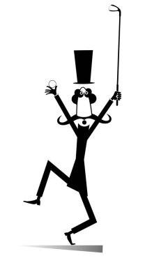 Funny long mustache man plays golf illustration. Cartoon long mustache gentleman in the top hat holds a golf club and a ball black on white background