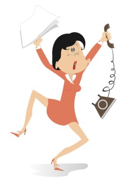 Angry and upset businesswoman illustration.Busy businesswoman holding papers in one hand and telephone receiver in another on white background