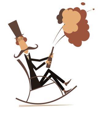 Champagne splashes and long mustache man in the top hat illustration. Mustache man in the top hat sits in the rocking chair and opens a bottle of wine or champagne isolated on white background