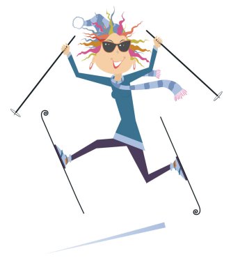 Funny skier woman illustration.Winter sport. Young skier woman in sunglasses isolated on white 