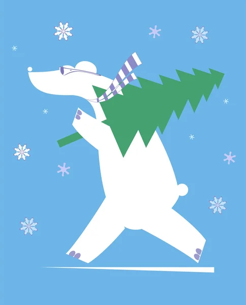 Cartoon Bear Christmas New Year Day Tree Illustration Polar Bear — Stok Vektör