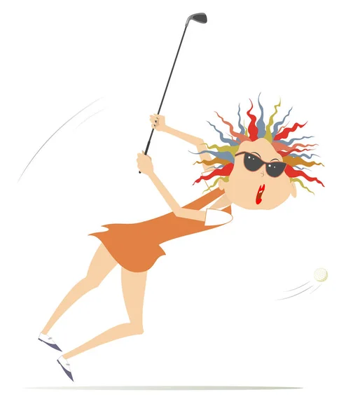Comic Golfer Woman Golf Course Illustration Cartoon Golfer Woman Sunglasses — Stockvector
