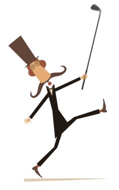 Komik uzun bıyıklı adam golf oynamaya gidiyor. Çizgi filmdeki uzun bıyıklı adam silindir şapkalı golf sopasıyla beyaz arka planda izole edilmiş.