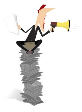 Dostum, megafon ve izole edilmiş bir yığın kağıt. Megafonlu bir çizgi film karakteri kağıt ya da belge yığınının üzerinde oturur ve duyuruyu beyaza izole eder.