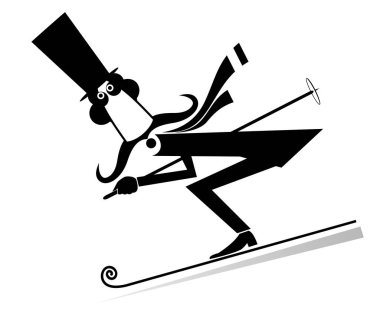 Çizgi film bıyıklı adam silindir şapkalı kayakçı illüstrasyonunda. Uzun bıyıklı adam silindir şapkalı kayakçı siyah beyaz üzerine siyah