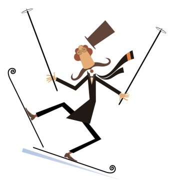 Çizgi film bıyıklı adam silindir şapkalı kayakçı illüstrasyonunda. Uzun bıyıklı beyefendi beyaz resimde izole bir şekilde kayak yapıyor.