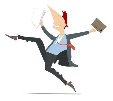 Happy running businessman with papers and bag illustration. Smiling person glad to success or the end of work isolated on white background