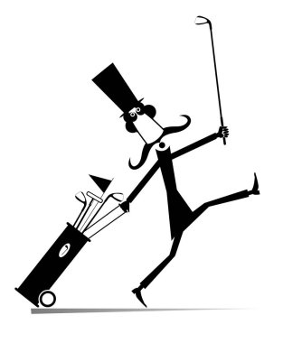 Funny long mustache man goes to play golf illustration. Cartoon long mustache gentleman in the top hat holds a golf club and a golf bag black on white background