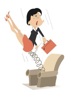 Out of job. Business concept illustration. Scared young woman has been pushed out from the armchair by spring isolated on white 
