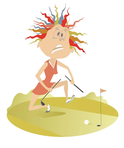 Donna Golfista Sconvolto Sul Campo Golf Illustrazione Cartone Animato Arrabbiato — Vettoriale Stock