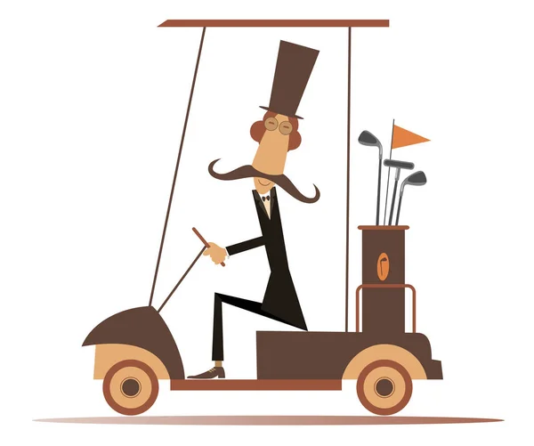 Αστεία Μακρύ Μουστάκι Άνθρωπος Βόλτες Αμαξάκι Του Γκολφ Εικονογράφηση Γελοιογραφία — Διανυσματικό Αρχείο