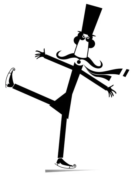 トップハットの漫画の口ひげ男はスケーターイラスト 上の帽子のムスタッシュ紳士は白いイラストで黒スケートしています — ストックベクタ