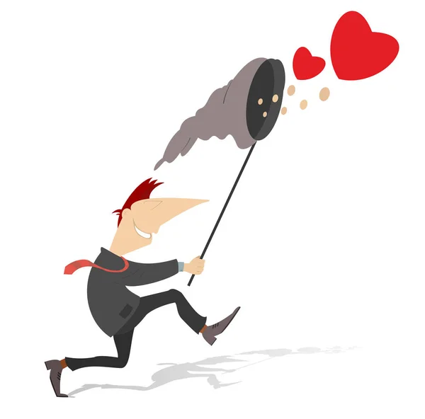 Man Fall Love Concept Illustration Smiling Man Catches Heart Symbols — Vettoriale Stock