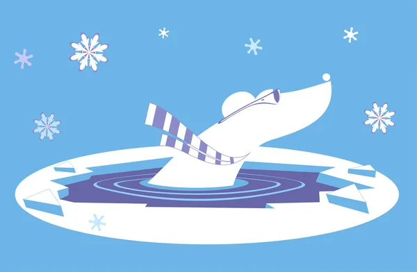 Bear Winter Swimming Illustration Cartoon Polar Bear Scarf Swimming Icy — Stok Vektör