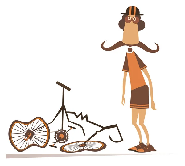 Cyclist Broken Bike Isolated Illustration Sad Long Mustache Man Standing — Stock Vector