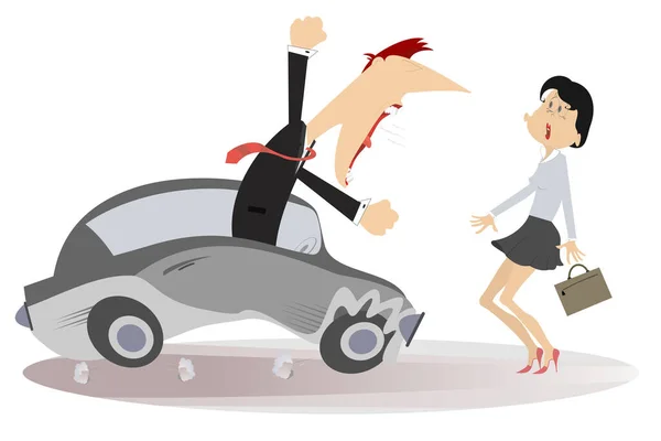 Road Accident Driver Man Pedestrian Illustration Angry Driver Man Swings — 图库矢量图片