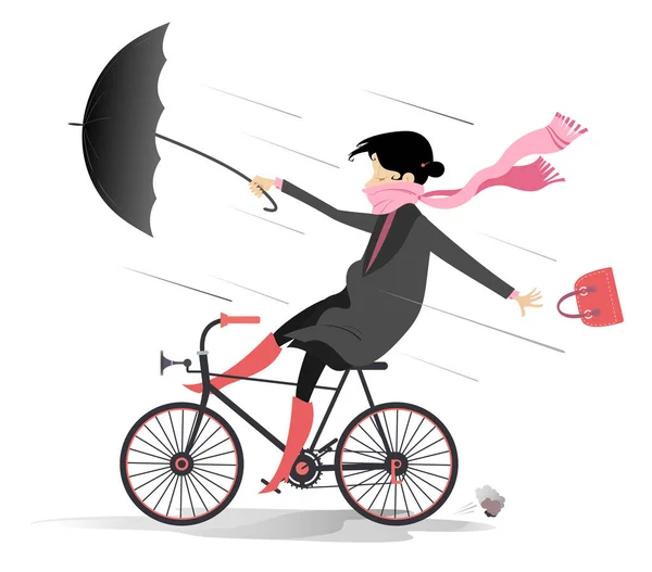 Rainy Windy Day Woman Rides Bike Illustration Young Woman Umbrella — 스톡 벡터