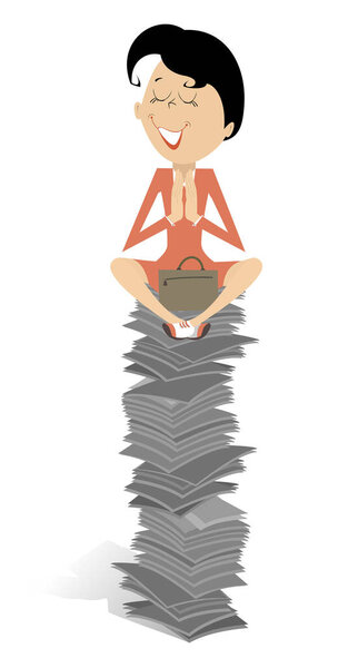 Too much documents or books and woman concept illustration. Smiling young woman with eyes closed prays or meditates sitting as yoga on the high pile of papers or books isolated on white — стоковая иллюстрация Too Much Documents Books Woman Concept Illustration Smiling Young Woman Лицензионные Стоковые Иллюстрации