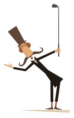 Komik uzun bıyıklı adam golf oynuyor. Çizgi filmdeki uzun bıyıklı adam elinde golf sopası ve beyaz arka planda izole edilmiş bir top tutuyor.