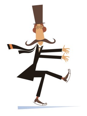 Silindir şapkalı bir patenci illüstrasyon karikatür bıyıklı adam. Silindir şapka bıyık beyefendi izole üzerinde beyaz illüstrasyon buz pateni