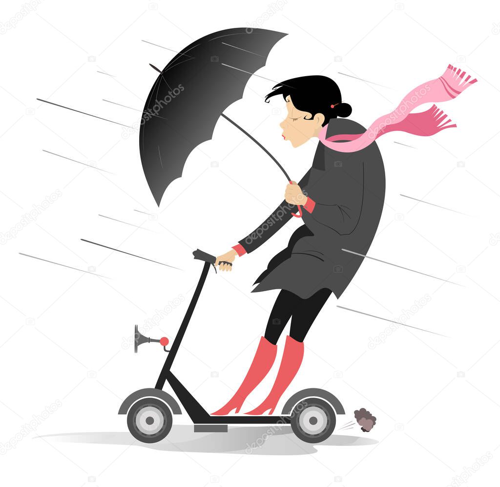 Bad weather. Woman with umbrella rides on scooter illustration. Young woman with umbrella rides on scooter under the strong wind and rain isolated on white