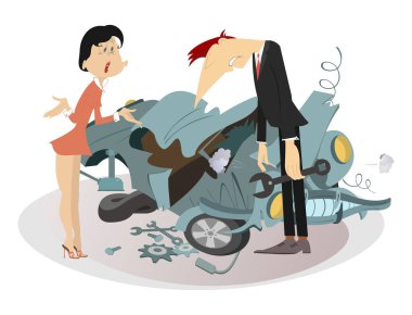 Üzgün adam, kızgın kadın ve bozuk araba çizimi. Üzgün kadın, erkekten bozuk arabayla bir şeyler yapmasını istiyor.