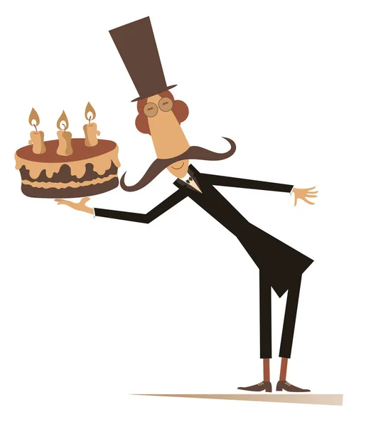 Karikaturist Hält Eine Torte Mit Kerzen Der Hand Lustige Lange Stockillustration